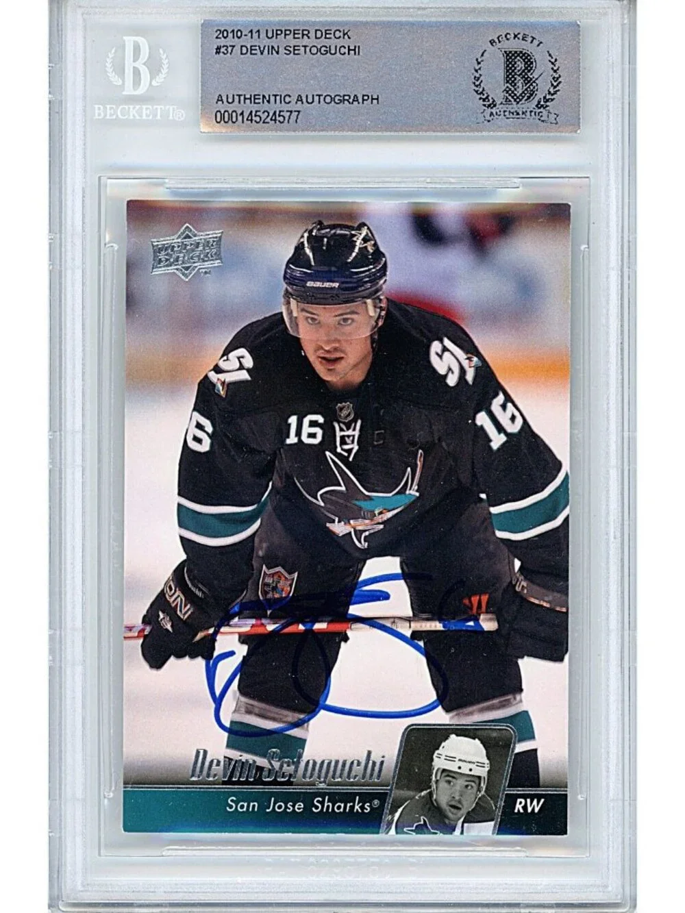 Devin Setoguchi Signed 2010-11 Upper Deck Hockey Card Sharks Beckett Autograph
